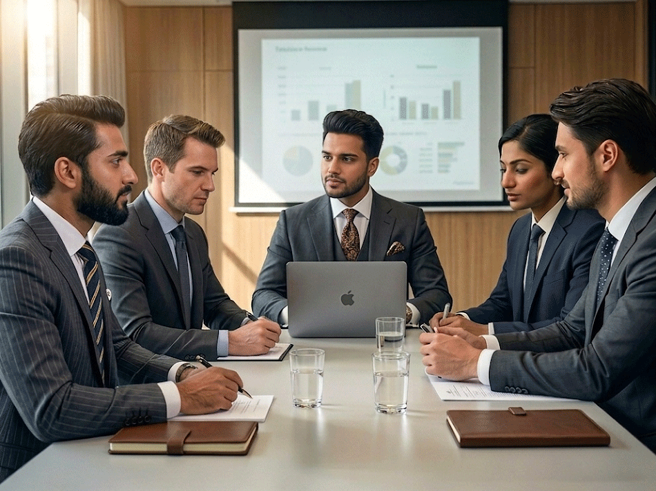 Upscore Tech team collaborating on a digital marketing and web development case study during a corporate business meeting.