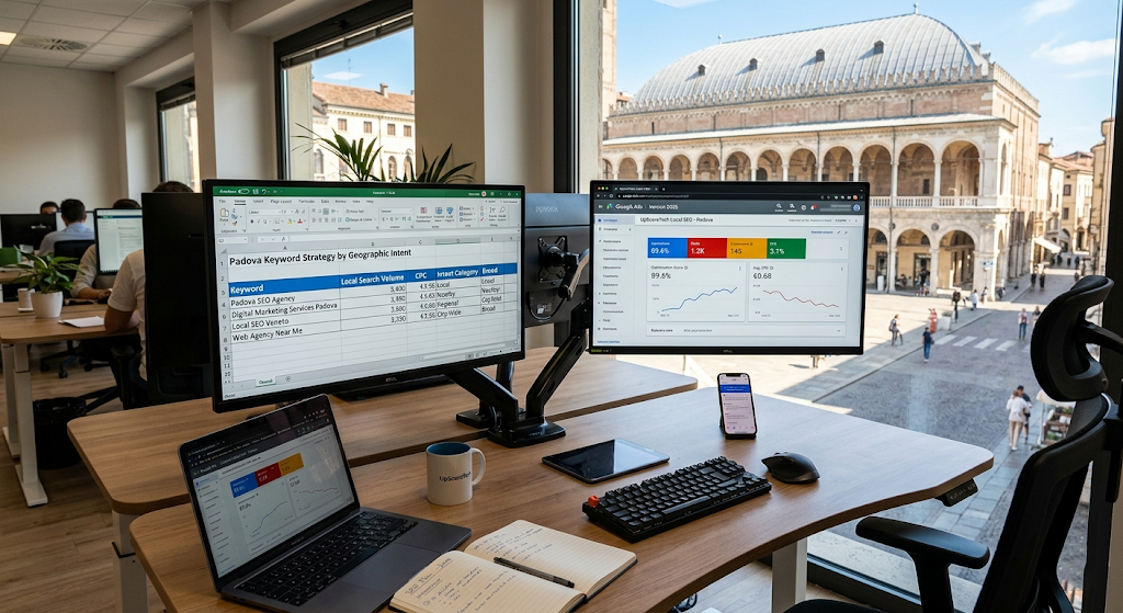 A wide-angle photograph of a modern, dual-monitor workspace on a wooden desk. One monitor displays a cleanly organized spreadsheet with columns for "Keyword," "Search Volume," "Avg. CPC," and "Geographic Intent." The adjacent monitor shows a Google Ads dashboard with performance charts, including a rising "Optimization Score" and a declining line graph for "Avg. CPC." A laptop, keyboard, coffee mug, and smartphone are also on the desk. The office features a large window with a clear view of historic Italian architecture, including arched porticos and a grand piazza with cobblestones under a sunny blue sky.