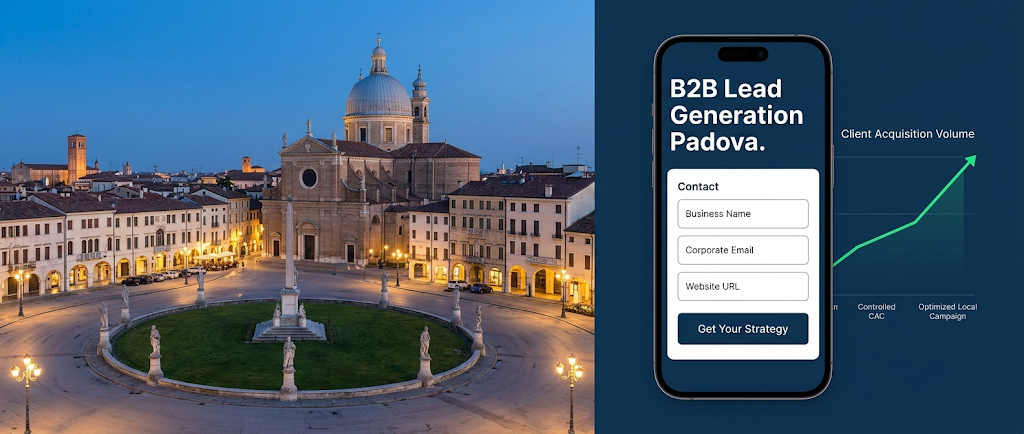 A wide-format image with a dual composition. The left side is a high-quality night photograph of the illuminated historic Prato della Valle in Padova, Italy, showcasing the oval piazza, water canals, statues, and the dome of the Basilica di Santa Giustina under a twilight sky. The right side is a dark blue digital interface background featuring a central smartphone mockup displaying a B2B lead generation form with fields for 'Contact', 'Business Name', 'Corporate Email', and 'Website URL', and a button 'Get Your Strategy'. A digital graph to the right of the phone shows a rising green line for 'Client Acquisition Volume' with x-axis labels 'Controlled CAC' and 'Optimized Local Campaign'.