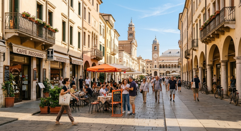 A wide, sun-drenched street scene in Padova, Italy, captured for UpScoreTech, featuring historic buildings with arched arcades, outdoor cafes like "Caffè Padovano" with umbrellas, and people walking along a stone pavement under a clear blue sky.