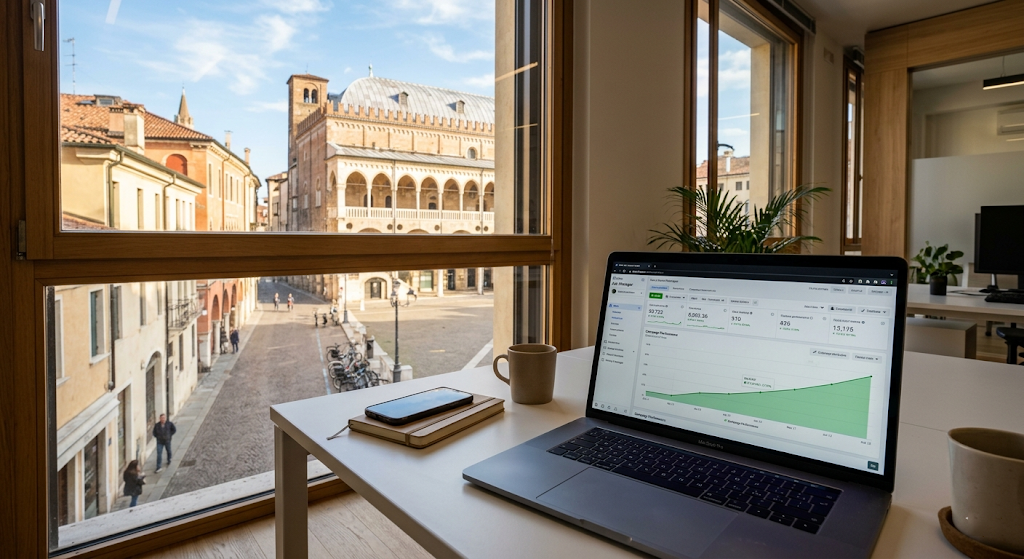 A wide, sunny photograph of a modern office interior in Padova, Italy, captured for UpScoreTech. A laptop on a wooden desk displays Meta Ads Manager with multiple green upward-trending performance charts. Through a large window behind the desk, the historic city center of Padova is visible, featuring classical architecture with arched porticos and cobblestone streets under a blue sky, blending local identity with digital business growth.